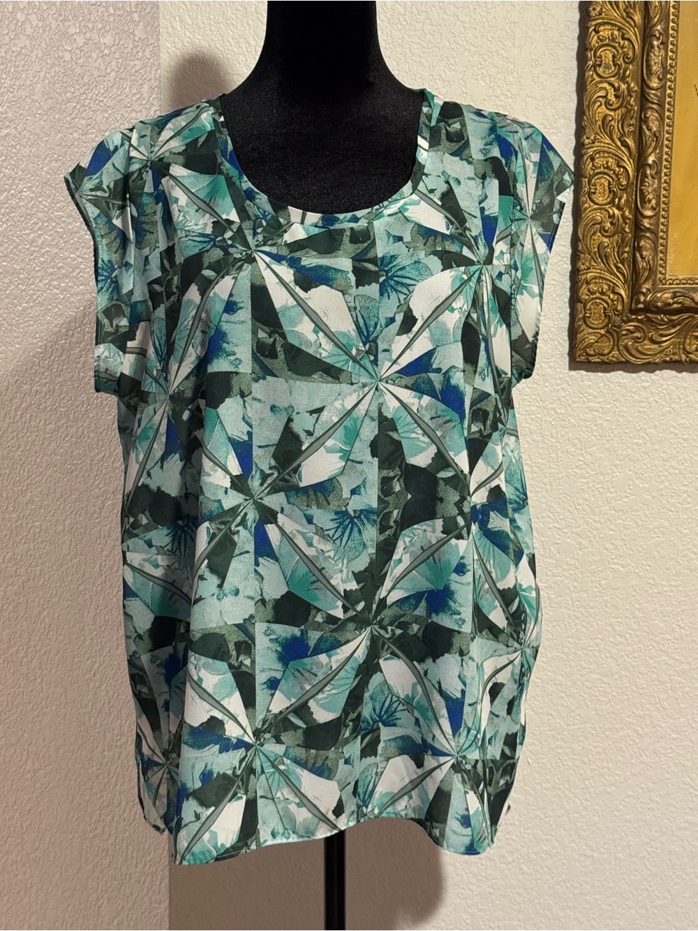 Massimo Green Teal Geometric Floral Print Blouse